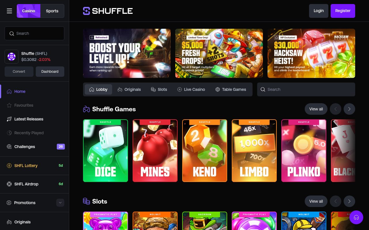 Shuffle lobby, first screen for a new visitor