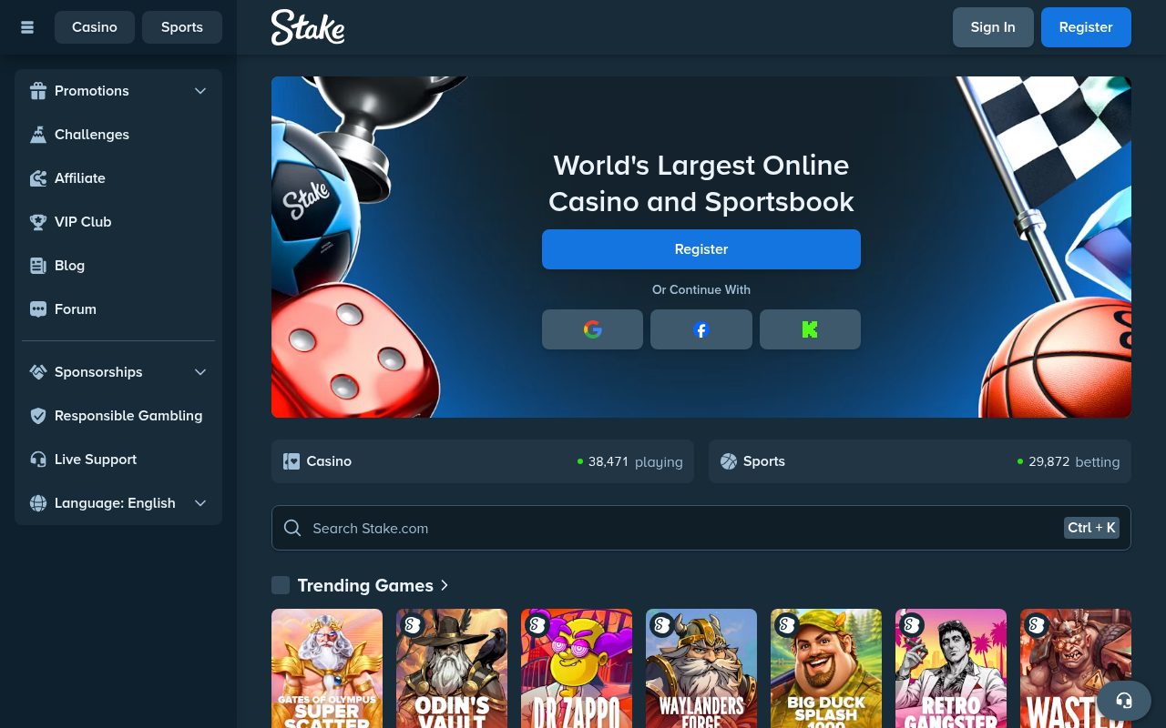 Stake lobby, first screen for a new visitor